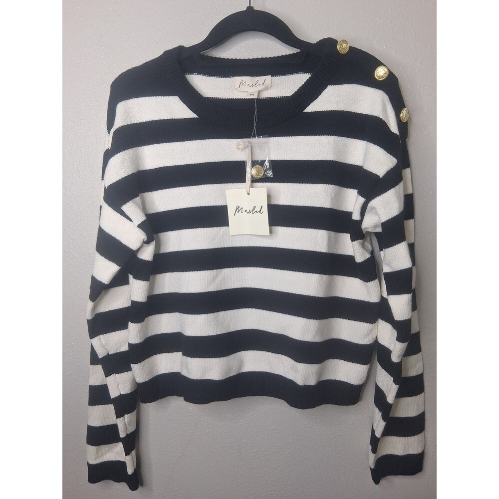 NWT Marled Black White Striped Gold Button Shoulder Sweater Classic Preppy Sz M
